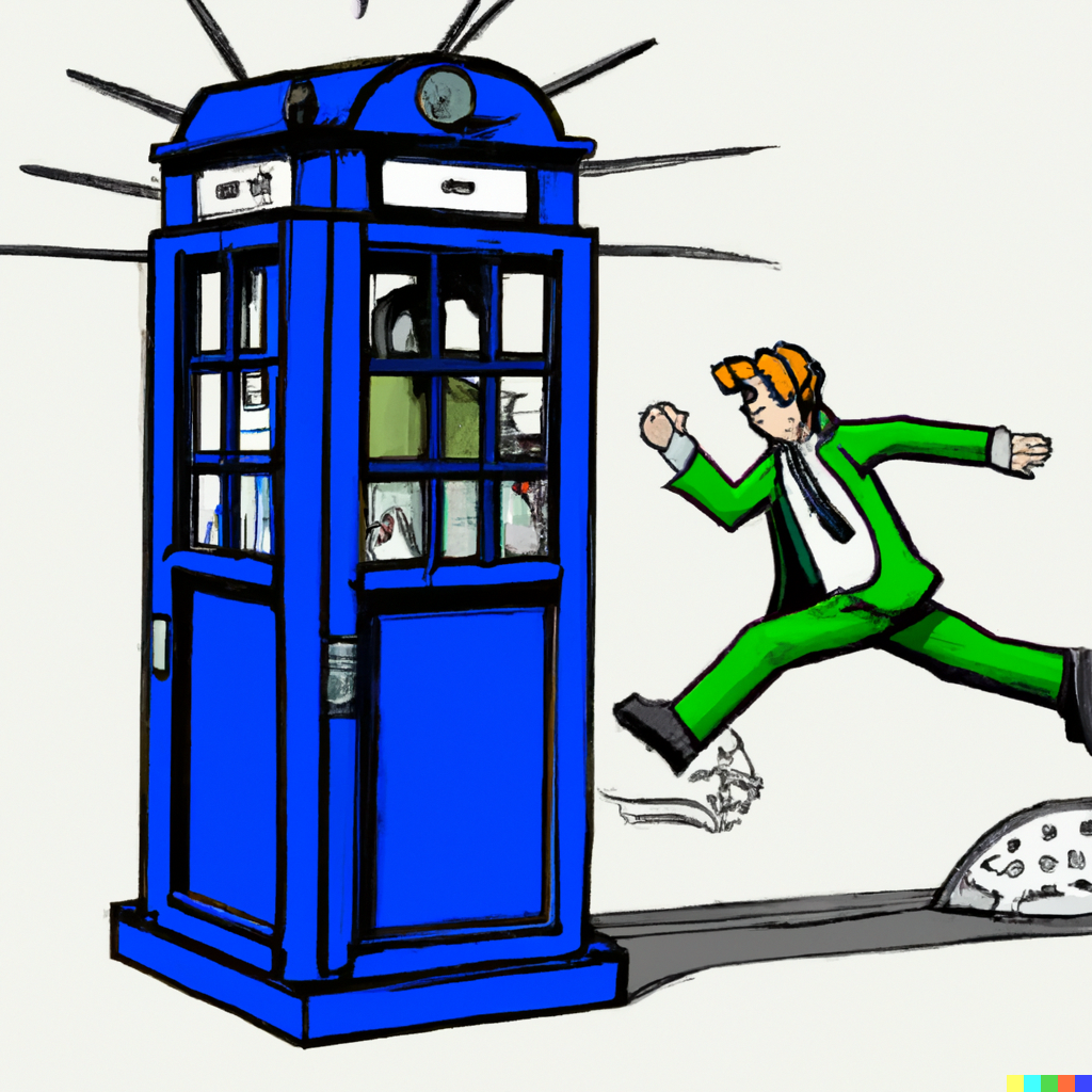 DALL·E 2023-02-03 20.34.49 - british blue police box that has human legs that is running away from a green t-rex dinosaur in outer space in the style of charles schulz